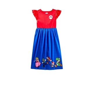 Super Mario Girl's Character Satinet Red & Blue Nightgown Gown Sz S 6/6X Costume